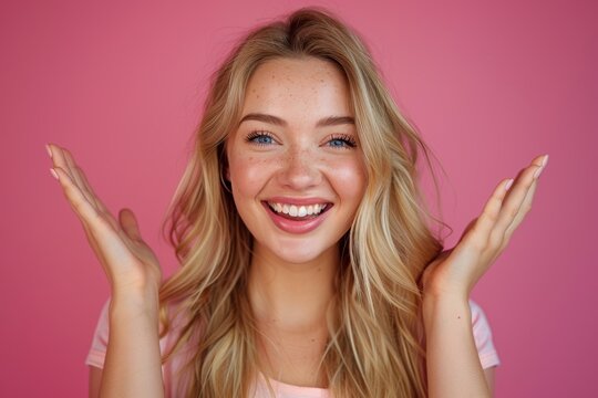 Positive photo of woman with smiling on pink background, studio, and backdrop for happiness. Happy mature face, confidence, and motivation to celebrate victory or surprise hands