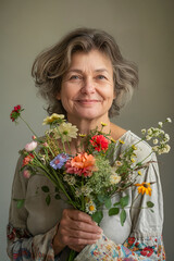 Joyful Mature Woman with Colorful Bouquet for Mother's Day