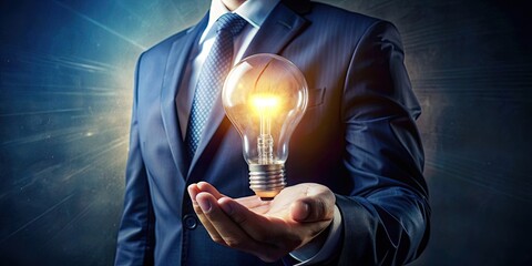 An entrepreneur holding a glowing light bulb, symbolizing innovation and business success.