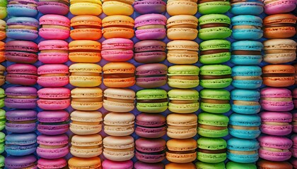 Colorful array of fresh macaroons in background pattern
