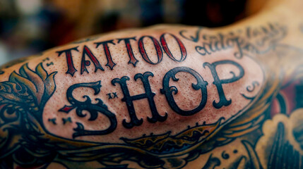 le texte TATTOO SHOP tatoué sur de la peau - photo macro - effet de profondeur de champ