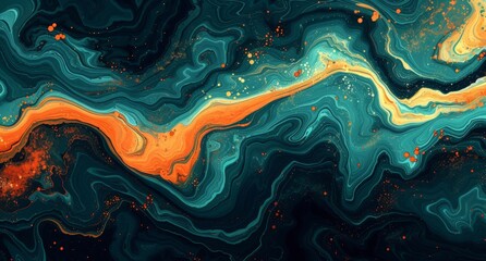 Vibrant swirling abstract painting with orange, blue, and black hues on a dark background - obrazy, fototapety, plakaty