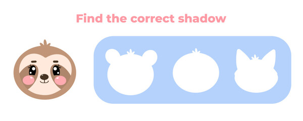 Find the correct shadow of cute kawaii sloth. Educational preschool kids, children mini game. Choose correct answer. Educational game for kids