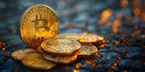 A single bitcoin positioned on a stack of shiny gold coins banner
