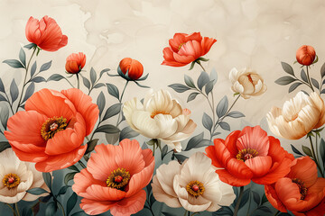 A painting featuring red and white flowers displayed on a wall