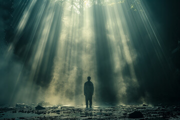 A man standing in the middle of a forest clearing with sunlight filtering through the trees - obrazy, fototapety, plakaty