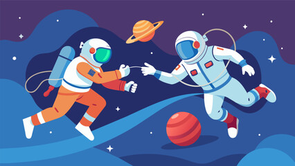 Fototapeta premium During a spacewalk two astronauts engage in a playful sparring session using their spacesuits as protection and gravityfree movement.