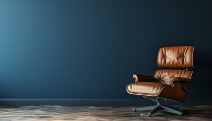 Stylish living space with sleek leather armchair against blue wall.