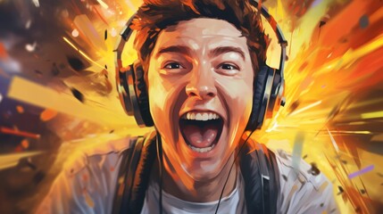 Intense joy on a professional gamer's face celebrating a win, close-up, emotional and vibrant scene, watercolor, cartoon, animation 3D, vibrant - obrazy, fototapety, plakaty