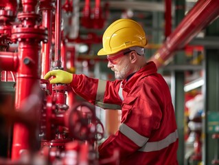 A professional in red overalls fine-tuning industrial valves, showcasing focus and expertise in a complex environment. - obrazy, fototapety, plakaty