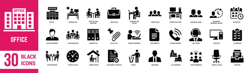 Office solid icons set. Office, computer, employee, desk, briefcase, schedule, file, chair and portfolio. Vector illustration
