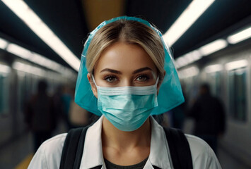 Fototapeta na wymiar Artistic noise film grain. Young woman in protective sterile medical mask at subway station. Female wear face mask, protect from infection of virus, outbreak and epidemic in quarantine city