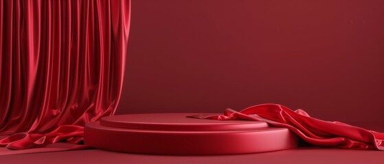 mockup of display podium against a striking red backdrop, for showcasing holiday-themed cosmetics