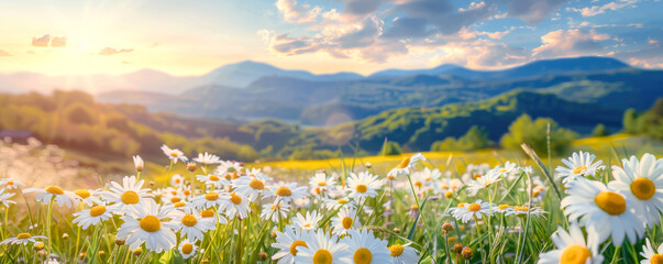 Banner, beautiful spring and summer natural landscape with blooming field of daisies in the grass in the hilly countryside.
