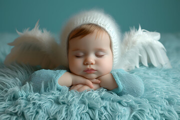 Sleeping baby with angel wings on a turquoise fluffy blanket, wearing a white knitted hat. Studio portrait with soft focus. Newborn tranquility concept. Design for greeting card, birth announcement
