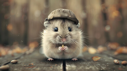 A hamster wearing a tiny cap and holding a sunflower seed. with its cheeks bulging