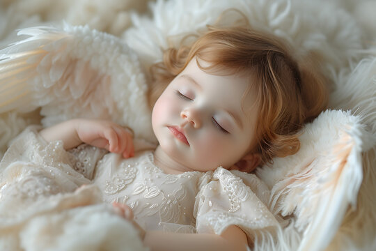 Sleeping baby with feathered wings and lace headband on a soft fur blanket. Warm toned studio portrait. Angelic rest concept. Design for invitation, christening announcement