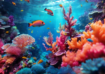 This World Environment Day, take a trip to colorful coral reefs that come to life with the power of AI-generated images, super-realistic photo from the water column of a coral reef, light through the 