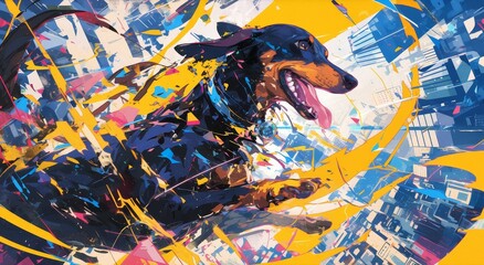 A captivating artwork featuring an elegant Dachshund dog in the center, surrounded by abstract shapes and colors that create a sense of movement and energy.