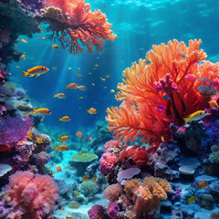 Naklejka na ściany i meble This World Environment Day, take a trip to colorful coral reefs that come to life with the power of AI-generated images, super-realistic photo from the water column of a coral reef, light through the 