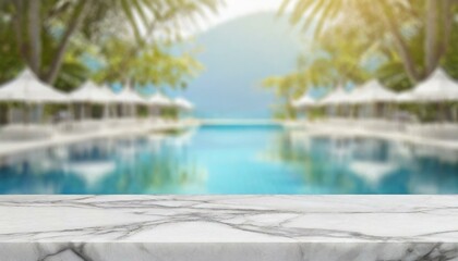 Fototapeta na wymiar Summer Showcase: White Marble Stone Table and Blurred Swimming Pool