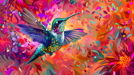 A hummingbird in a vibrant poncho. radiating tropical vibes with its iridescent colors and rapid wing movement