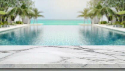 Fototapeta na wymiar Summer Banner Background: Empty White Marble Stone Table with Blurred Swimming Pool