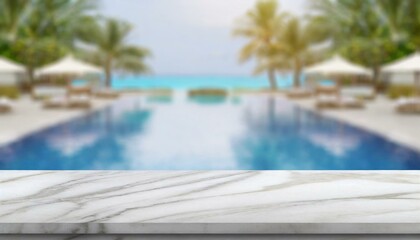 Summer Resort Display: White Marble Stone Table with Blurred Swimming Pool Background