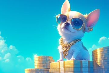 A chihuahua wearing sunglasses, gold chain and hat sitting on top of stacks of cash with blue background