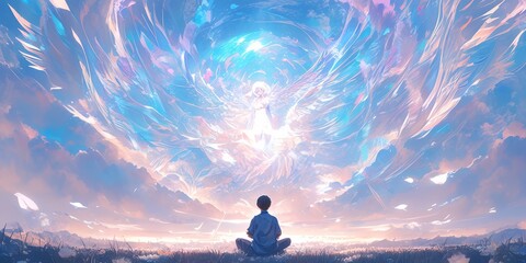 A child sits on fluffy clouds, gazing at the sky with awe and wonder as angelic figures float above him in the style of soft white feathers. 
