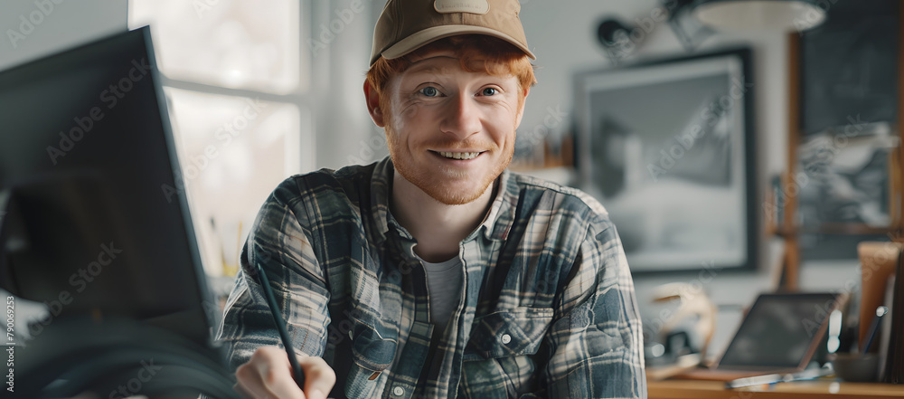 Poster a jovial man is depicted in a studio setting. wearing a hat and sitting at his drawing board with a 
