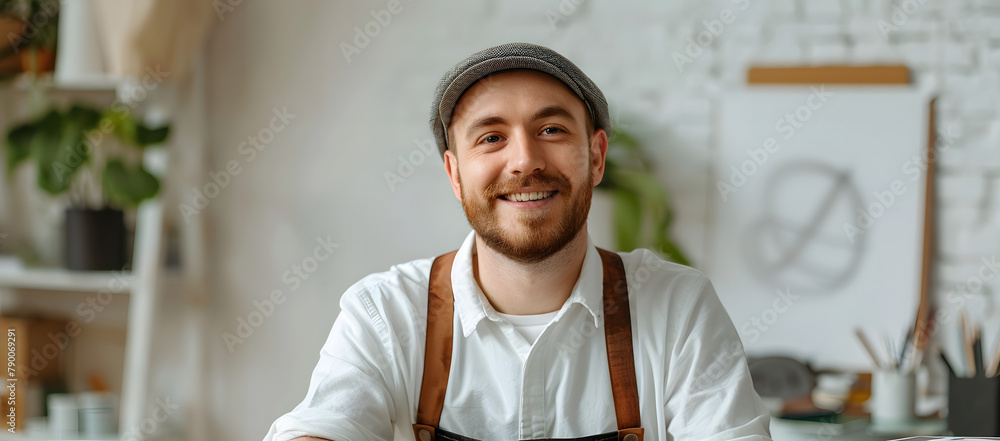 Poster a jovial man is depicted in a studio setting. wearing a hat and sitting at his drawing board with a 