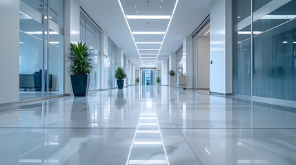 Modern corporate office corridor with glossy floor and LED lighting. Interior design photography with perspective view. Professional business environment concept. Design for corporate brochure
