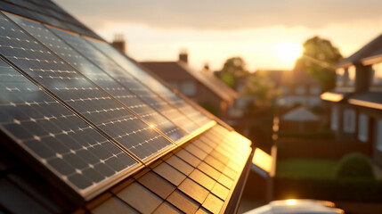 Solar panels on the roof of a residential urban area at sunset