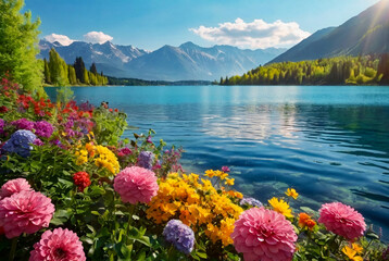 Amazing colorful views of lake and mountains from blooming garden with flowers, wallpaper. Beauty...