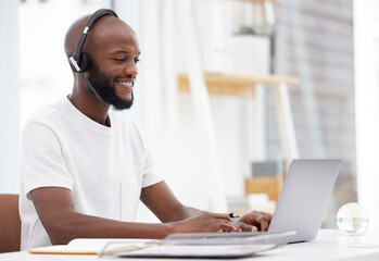 Telemarketing, laptop and black man with headset in office for CRM, customer service or voter...