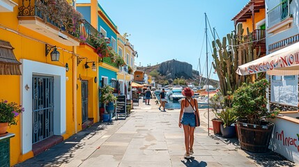 A female strolling at the harbor of a seaside village in the southern part of Gran Canaria, Spain. - obrazy, fototapety, plakaty
