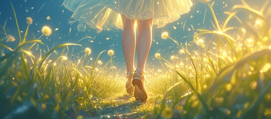 A closeup of the feet and legs of an elegant woman walking barefoot through tall grass, with dandelions in her shoes, captured from behind. - obrazy, fototapety, plakaty