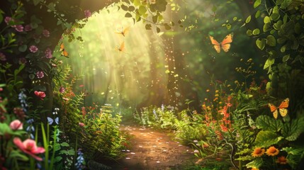 Fairy Day background concept. woods nature. copy space. butterfly and fireflies