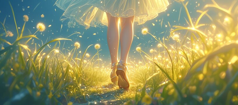 A closeup of the feet and legs of an elegant woman walking barefoot through tall grass, with dandelions in her shoes, captured from behind.