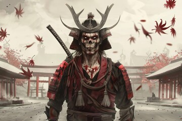 Fantasy Samurai with Skull Mask Amidst Cherry Blossoms in Temple Garden
