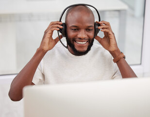 Call center, smile and black man with headset in office for CRM, customer service or voter...
