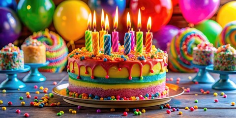 A vibrant birthday cake adorned with candles stands ready to celebrate, its colorful frosting and bright decorations adding a festive touch to the party atmosphere.