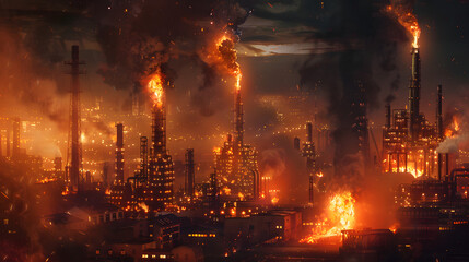 A large oil company's production plant is on fire. with smoke and flames rising from the ground. The night sky above shows intense explosions in an industrial setting 