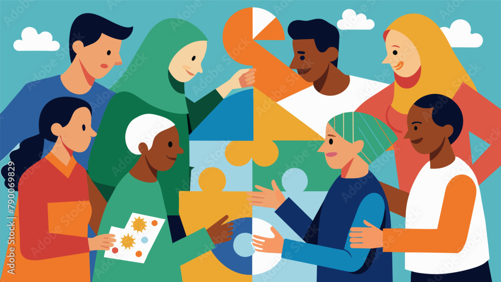 Aufkleber a multicultural group of refugees gathers together creating a collaborative mosaic using a variety o