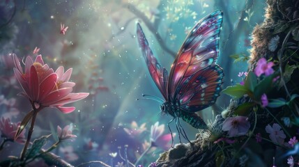 Fototapeta na wymiar Fairy Day background concept. woods nature. copy space. butterfly and fireflies