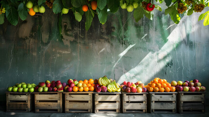 A line of wooden boxes packed with assorted fruits. including apples and oranges