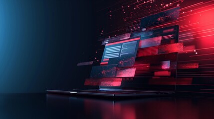 Abstract concept of a modern laptop projecting a holographic display with red and blue lights.