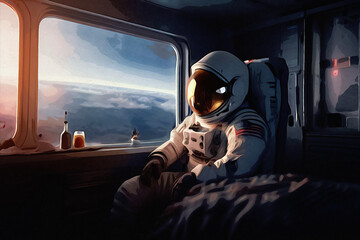 An Astronaut Perched on a Worn-Out Armchair Amidst the Drab Confines of a Hotel Room, Blurring the Lines Between Earthly Mundanity and Cosmic Wonder, Generative art.