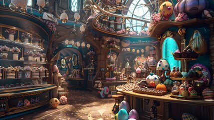 A magical Easter-themed chocolate factory. adorned with springtime ornaments and vibrant chocolates
